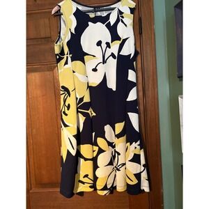 MIK Womens XL Floral‎ A-Line Dress Navy Blue Yellow White Sleeveless Textured